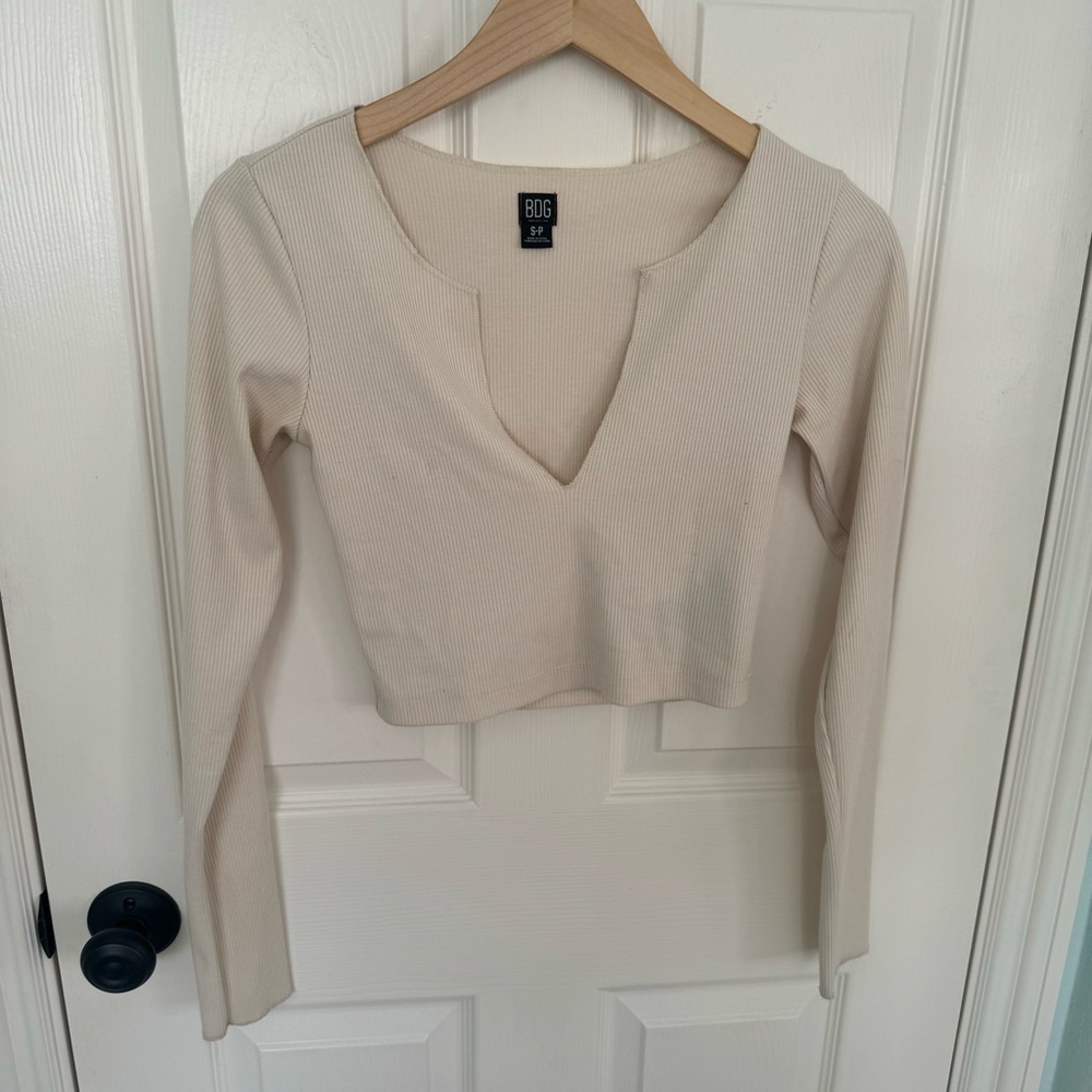 BDG Long Sleeve Deep V Beige Top